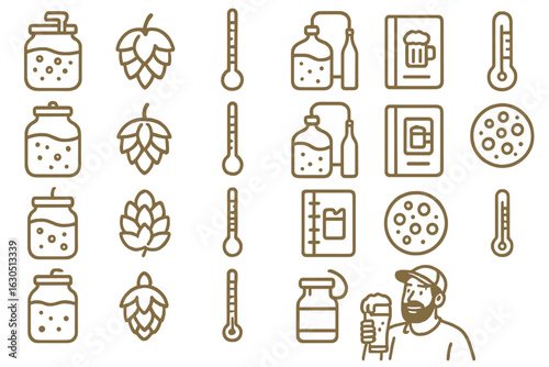Brewing process with tools and ingredients including hops, thermometers, and logbooks showcased in a minimalist design