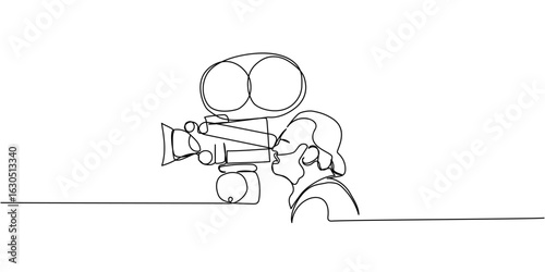 Minimalist line drawing of a vintage cameraman filming with old cinema camera, black and white outline style