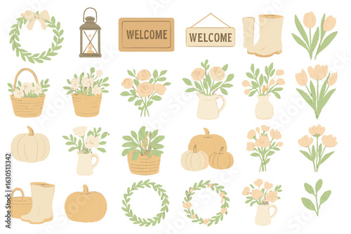 Welcome signs and seasonal decor featuring floral arrangements and pumpkins for autumn celebrations