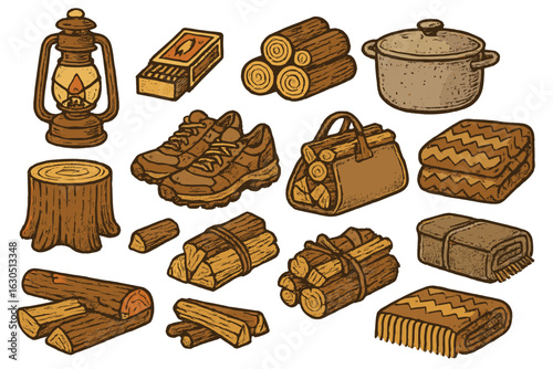 Collection of camping supplies including firewood, blankets, and cooking equipment arranged on a light background
