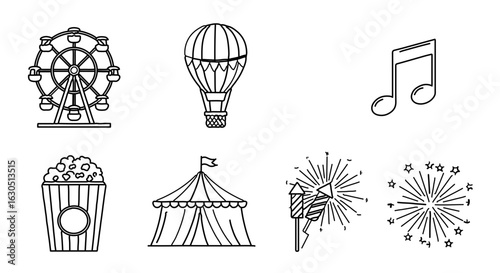 Carnival fairground amusement park outline icons ferris wheel hot air balloon popcorn fireworks and tent