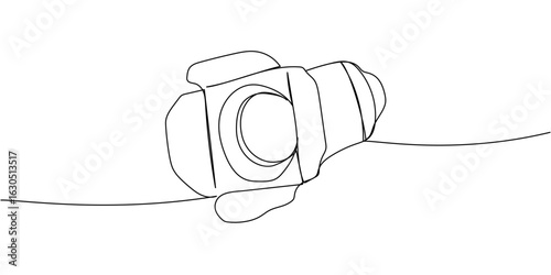 One line art of a handheld camcorder in top view, minimal outline of a modern video camera used for filming, content creation, and media recording