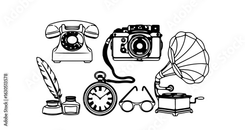 Vintage antique collection of phone camera gramophone clock glasses inkwell and feather vector illustration