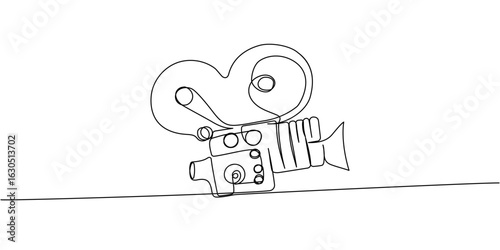 Minimalist continuous line drawing of an old film camera, retro cinematic symbol in simple black outline style
