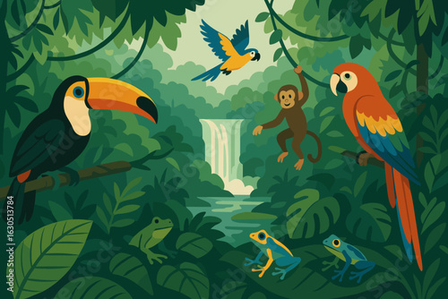 Vibrant rainforest ecosystem features toucan, macaw, parrot, monkey, frogs, and a waterfall in a lush jungle setting