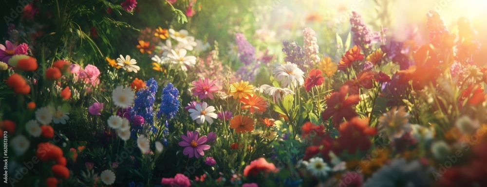 Fototapeta premium Garden filled with a variety of colorful flowers landscape blossoms scenery.