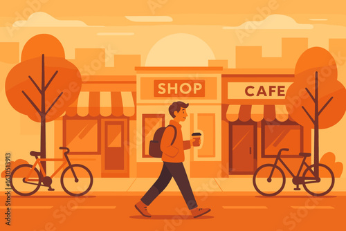 Urban stroll past cozy shop and cafe during golden hour with cyclist nearby in city setting