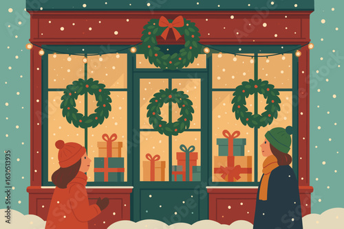 Holiday window display in a snowy town with two friends admiring festive decorations and gifts