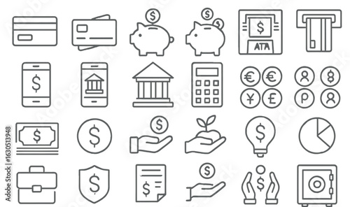 Financial icons representing saving, banking, and transactions in a modern digital context