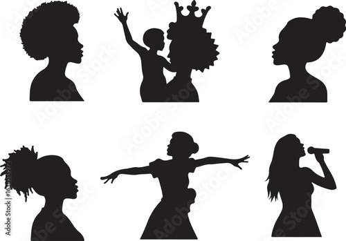 Diverse women celebrate success, sing, and inspire in silhouettes