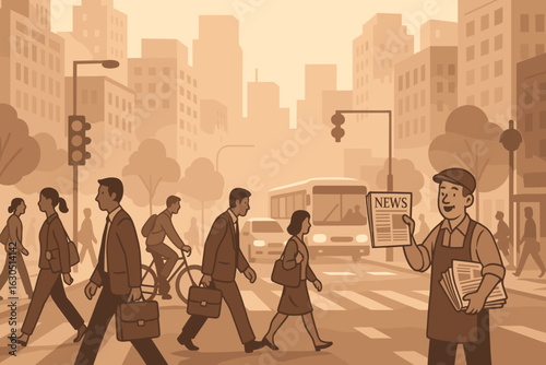 City street bustling with commuters, a newspaper vendor, and vehicles during the morning rush hour in a busy urban environment