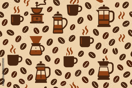 Coffee-inspired pattern featuring various brewing methods and beans on a soft background