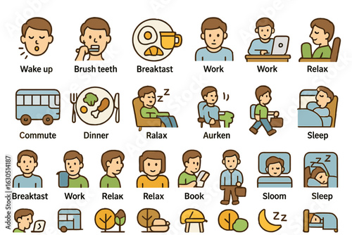 Daily routine illustrated through simple icons representing various activities and moments of the day