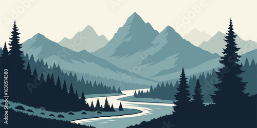 Wallpaper Mural Serene mountain landscape with river and pine trees in muted blue and green tones mountains nature Torontodigital.ca