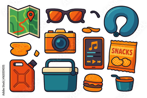 Essentials for a perfect road trip including snacks, map, and travel gear