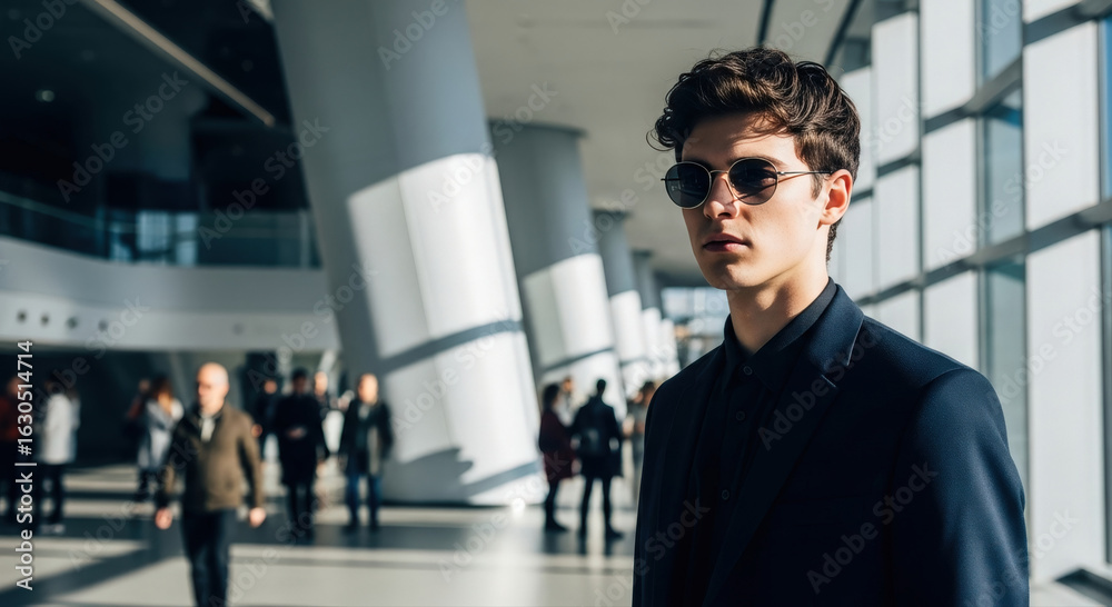 Fototapeta premium Stylish young man wearing sunglasses indoors