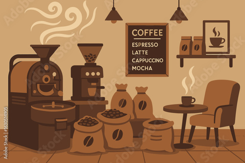 Cozy coffee shop interior featuring brewing equipment and warm tones in a relaxing atmosphere