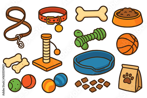 Collection of colorful pet accessories and toys displayed on a white background with a playful arrangement