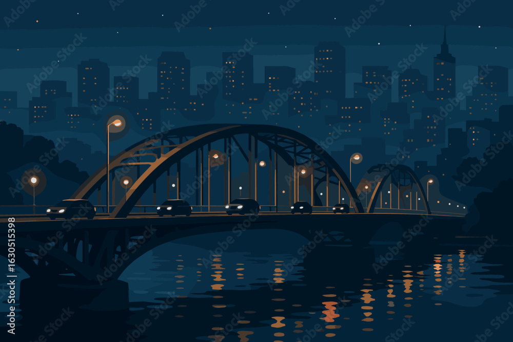 Obraz premium Evening cityscape with illuminated bridge over calm waters and skyline