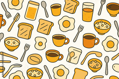 Colorful pattern featuring breakfast items and drinks on a light background with a playful design