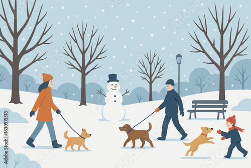 People walk dogs in snowy park with snowman and bare trees during winter