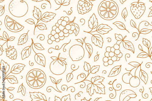 Floral and fruit pattern with hand-drawn grapes, lemons, and berries on a light background