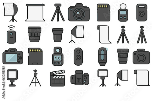 Essential photography equipment arranged neatly for a creative studio setup in a bright workspace