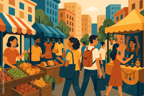 Vibrant community market in a city showcasing local vendors and visitors enjoying the afternoon sun