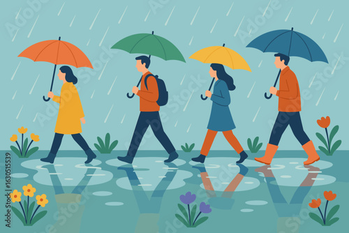 Walking in the rain with umbrellas on a colorful day in the city