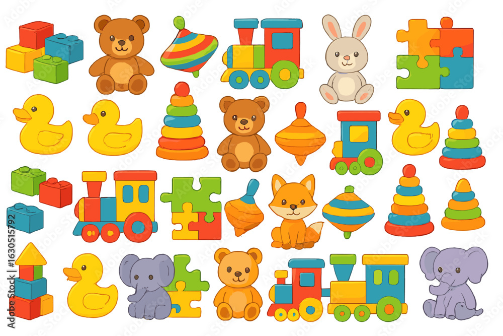 Fototapeta premium Colorful collection of cartoon toys including animals, building blocks, and trains arranged in a playful layout
