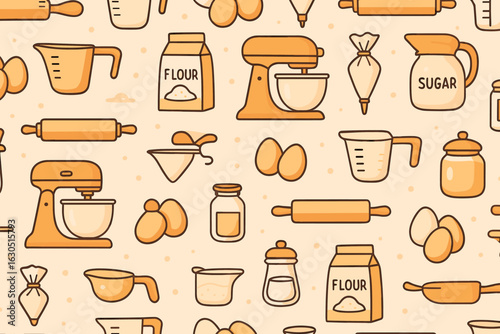 Decorative kitchen pattern featuring baking tools and ingredients for creative culinary projects