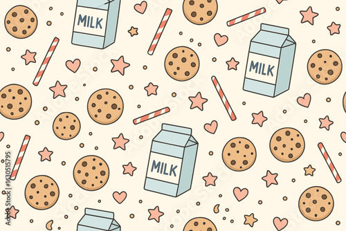 Delightful pattern featuring milk cartons, cookies, and playful stars with hearts on a light background