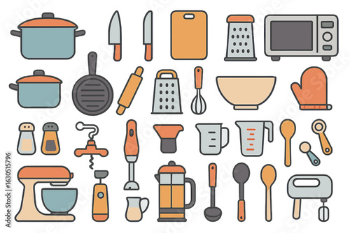 Various kitchen utensils and appliances arranged neatly on a white background for culinary preparation and cooking activities