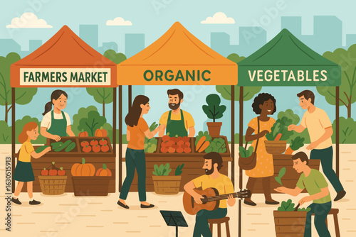 Vibrant farmers market featuring organic produce and live music in a bustling urban setting