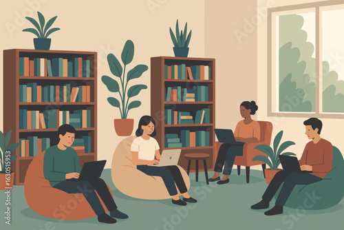 Group of people working on laptops in a cozy library setting with bookshelves and indoor plants