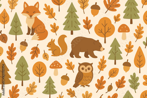 Forest animals and autumn foliage create a vibrant illustration of nature's beauty in a whimsical style