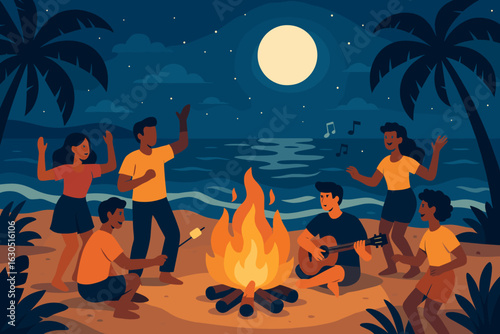Friends enjoy a beach bonfire while singing and making memories under the moonlight