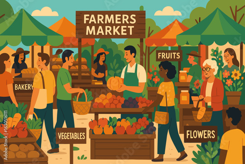 Vibrant farmers market bustling with activity showcasing fresh produce, flowers, and local goods in a sunny outdoor setting