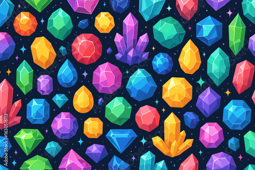 Colorful crystals and gems of various shapes arranged in a creative pattern on a dark background