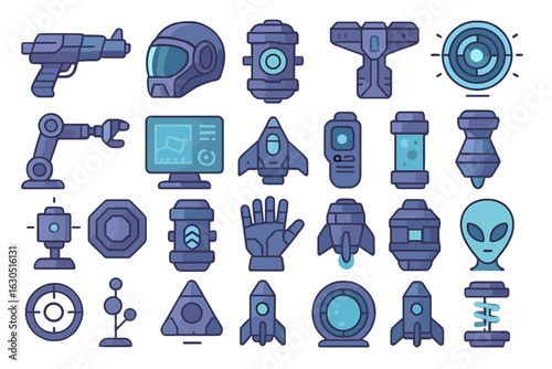 Collection of futuristic technology icons featuring various gadgets, tools, and extraterrestrial elements in a vibrant design