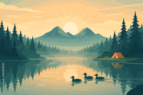 Serene lakeside morning with ducks swimming and a tent near the mountains at sunrise