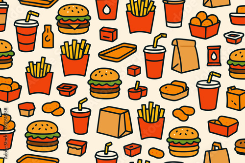 Fast food pattern featuring burgers, fries, and beverages in a colorful design