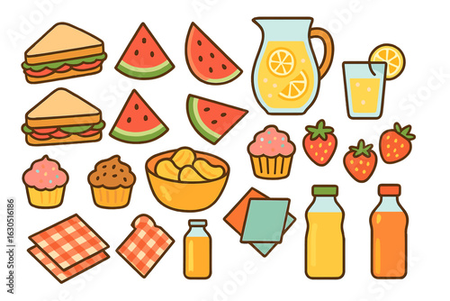 Colorful picnic spread with sandwiches, fruits, and drinks for a sunny outdoor gathering