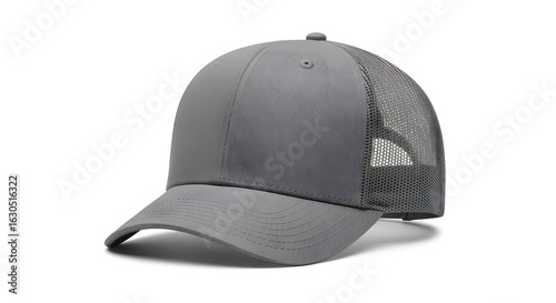 A classic gray trucker hat with a breathable mesh back, shown on a clean white background. Blank baseball cap for design mockups.