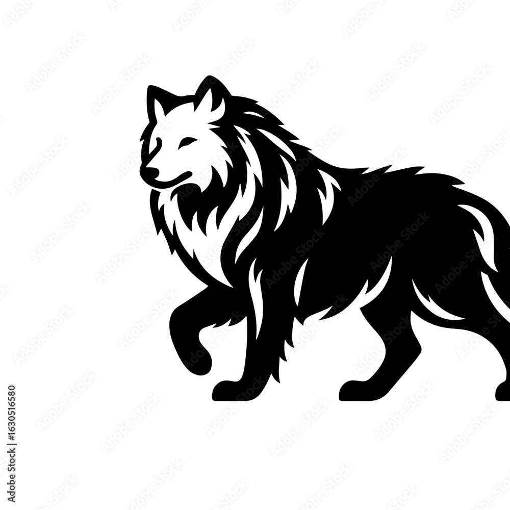 Fototapeta premium Clean black and white silhouette vector of an arctic wolf on a white background