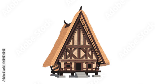 Illustration of a traditional house with a thatched roof and timber framing, isolated on a white background.