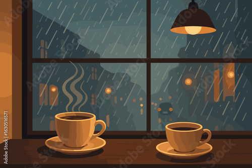 Steaming coffee cups on wooden table by window with rainy street view and warm ambient lighting in cozy cafe