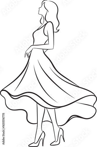Elegant Woman Line Art in Flowing Dress – Fashion Vector Illustration
