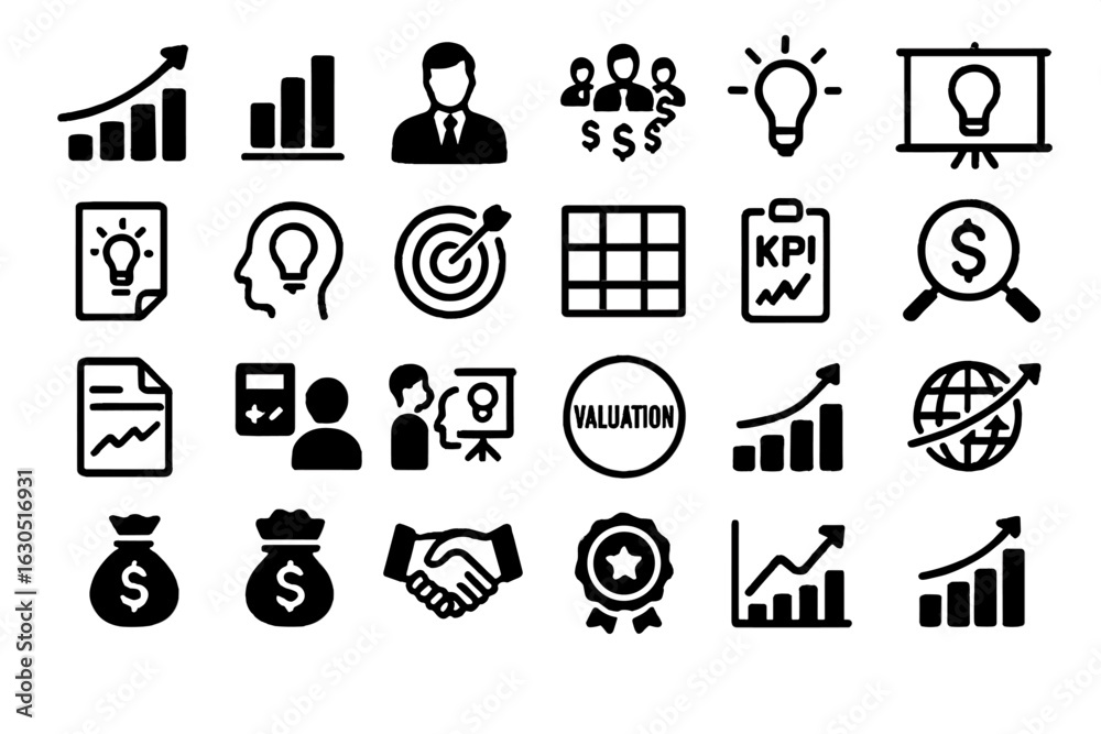 Fototapeta premium Set of black business and finance icons on dark metallic background