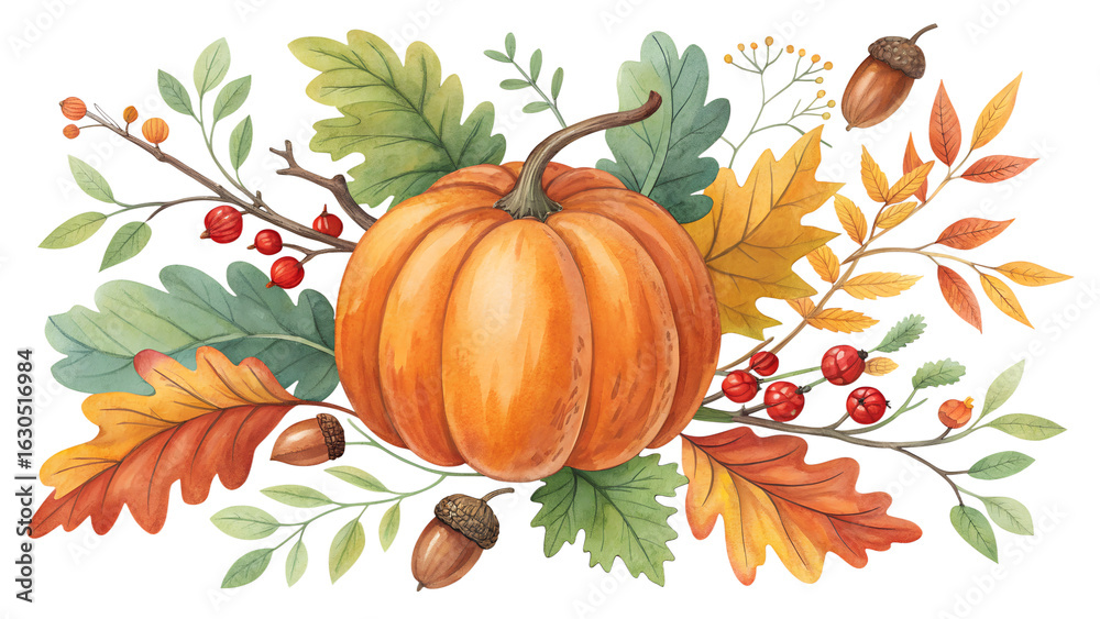 Naklejka premium Photo of a central orange pumpkin surrounded by a decorative arrangement of autumn leaves, berries, and acorns, isolated on a transparent background, perfect for seasonal designs